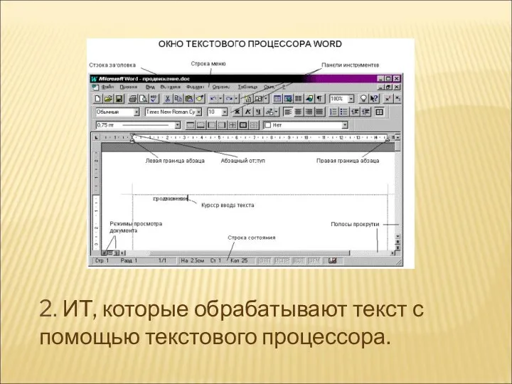 2. ИТ, которые обрабатывают текст с помощью текстового процессора.