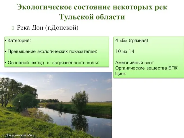 Река Дон (г.Донской) Экологическое состояние некоторых рек Тульской области Категория: