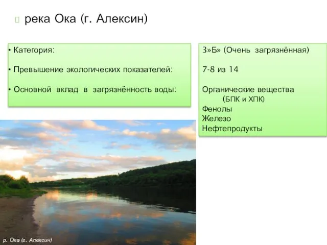 река Ока (г. Алексин) Категория: Превышение экологических показателей: Основной вклад