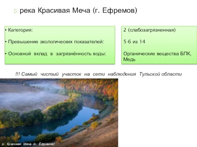 река Красивая Меча (г. Ефремов) Категория: Превышение экологических показателей: Основной