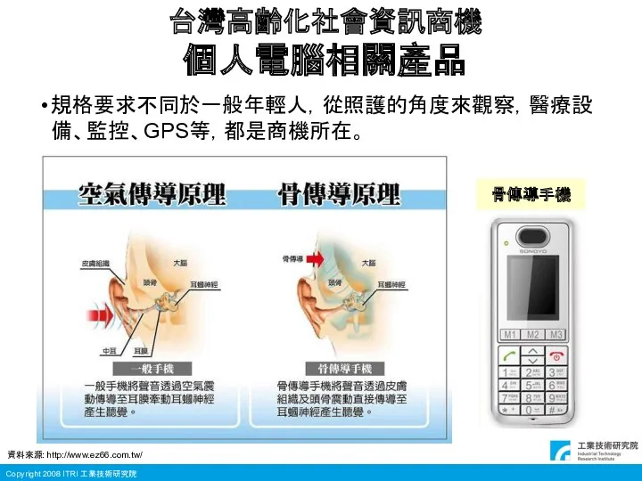 台灣高齡化社會資訊商機 個人電腦相關產品 規格要求不同於一般年輕人，從照護的角度來觀察，醫療設備、監控、GPS等，都是商機所在。 骨傳導手機 資料來源: http://www.ez66.com.tw/