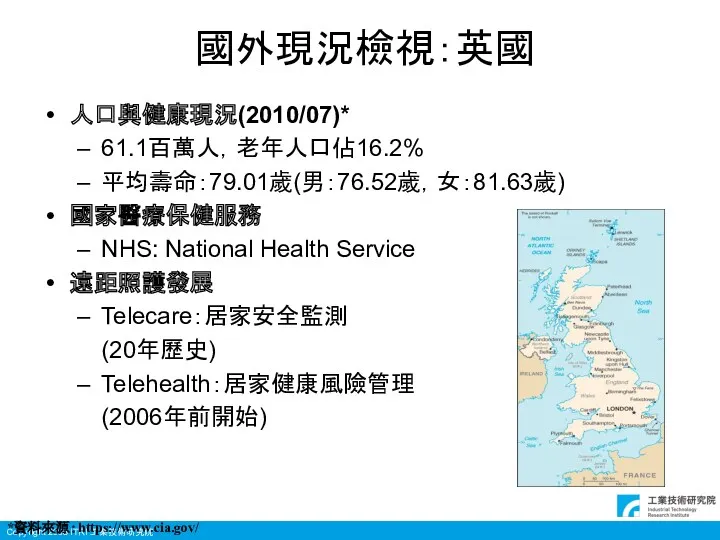 國外現況檢視：英國 人口與健康現況(2010/07)* 61.1百萬人，老年人口佔16.2% 平均壽命：79.01歲(男：76.52歲，女：81.63歲) 國家醫療保健服務 NHS: National Health Service 遠距照護發展 Telecare：居家安全監測 (20年歷史) Telehealth：居家健康風險管理 (2006年前開始) *資料來源：https://www.cia.gov/