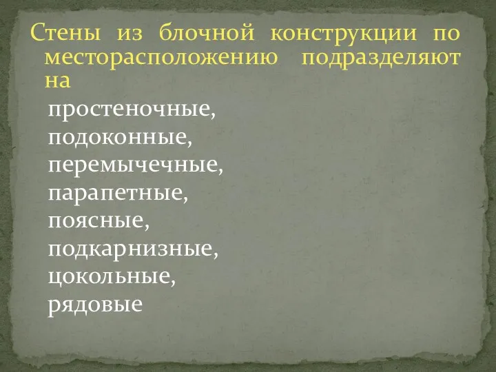 Стены из блочной конструкции по месторасположению подразделяют на простеночные, подоконные, перемычечные, парапетные, поясные, подкарнизные, цокольные, рядовые