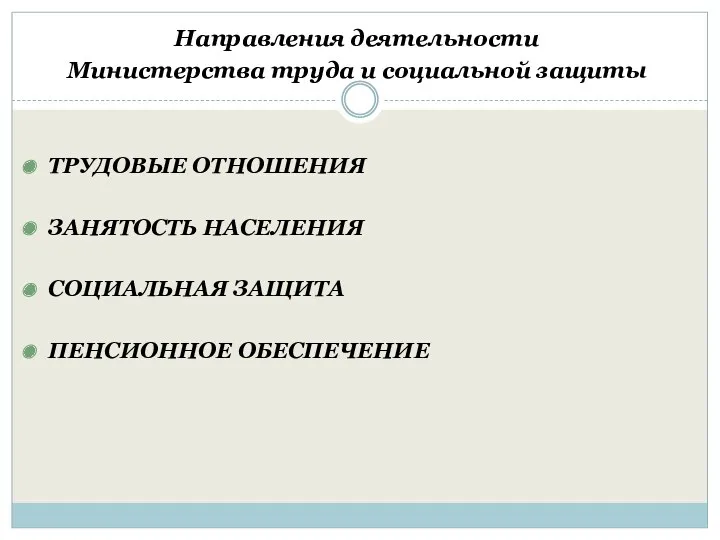 Направления деятельности Министерства труда и социальной защиты ТРУДОВЫЕ ОТНОШЕНИЯ ЗАНЯТОСТЬ НАСЕЛЕНИЯ СОЦИАЛЬНАЯ ЗАЩИТА ПЕНСИОННОЕ ОБЕСПЕЧЕНИЕ