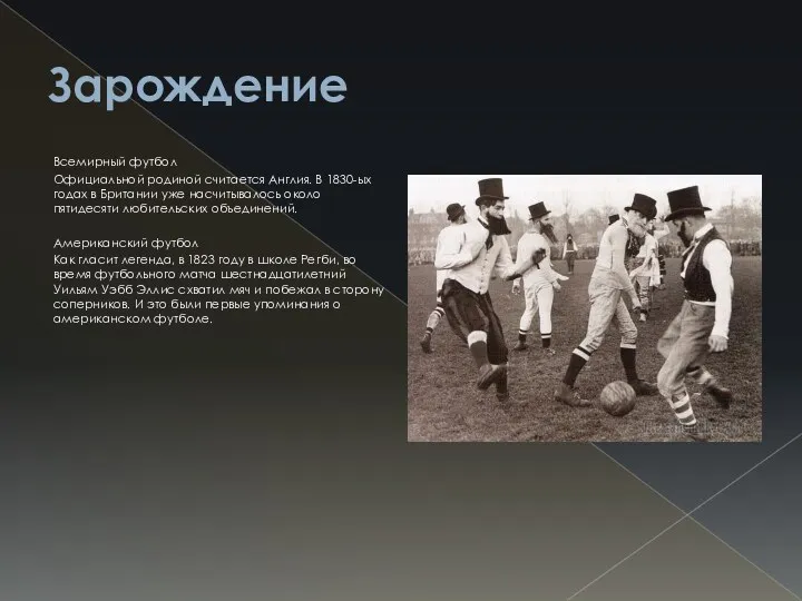 Зарождение Всемирный футбол Официальной родиной считается Англия. В 1830-ых годах