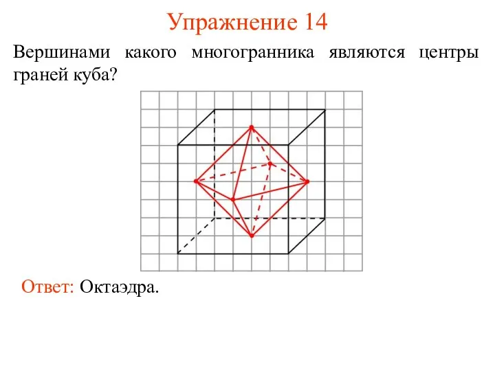 Упражнение 14 Вершинами какого многогранника являются центры граней куба?