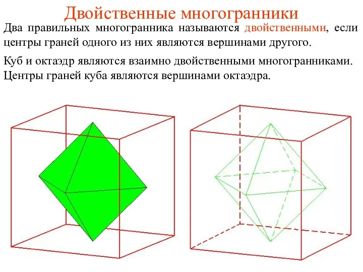 Двойственные многогранники Два правильных многогранника называются двойственными, если центры граней