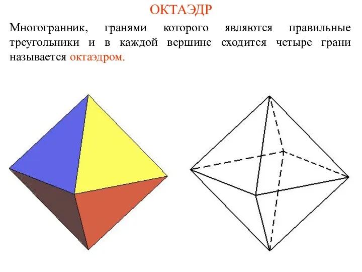 ОКТАЭДР Многогранник, гранями которого являются правильные треугольники и в каждой вершине сходится четыре грани называется октаэдром.