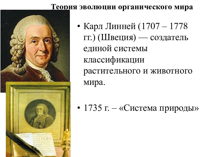 Теория эволюции органического мира Карл Линней (1707 – 1778 гг.)