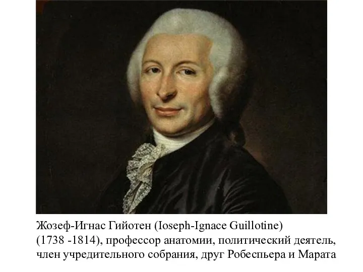 Жозеф-Игнас Гийотен (Ioseph-Ignace Guillotine) (1738 -1814), профессор ана­томии, политический деятель,