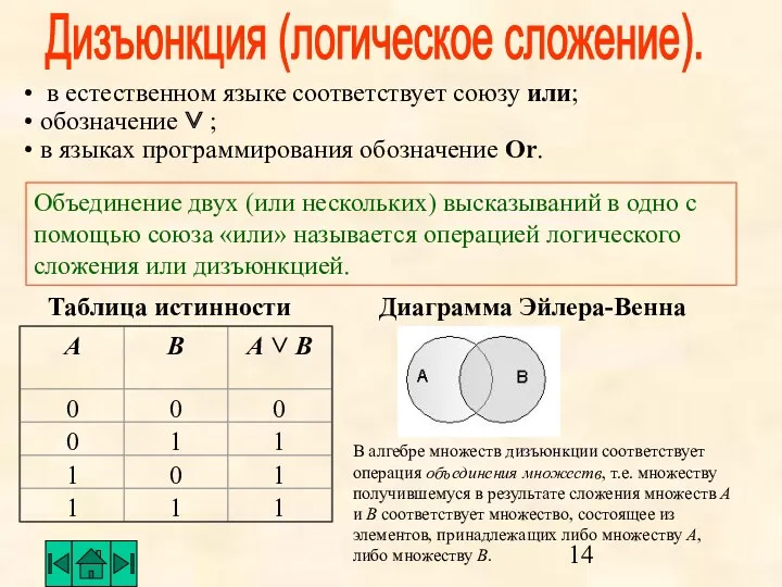 Дизъюнкция (логическое сложение). Объединение двух (или нескольких) высказываний в одно