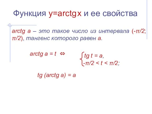 Функция y=arctg x и ее свойства arctg а – это