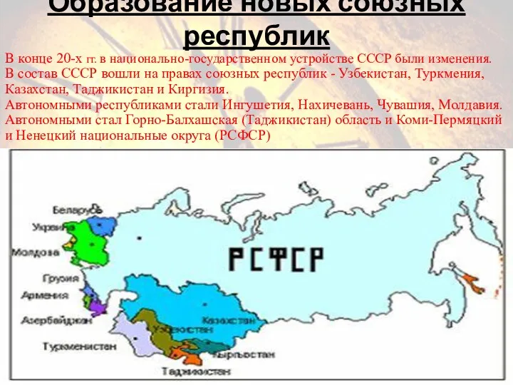 Образование новых союзных республик В конце 20-х гг. в национально-государственном