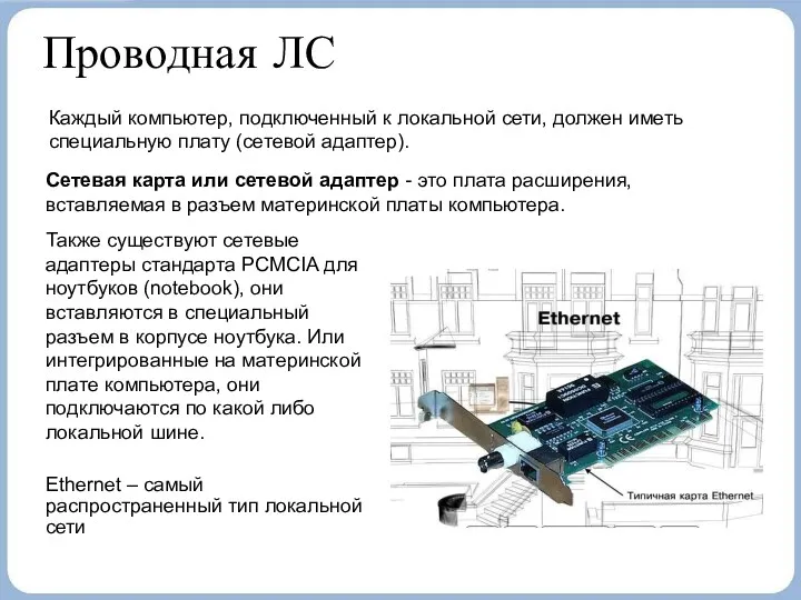 Проводная ЛС Каждый компьютер, подключенный к локальной сети, должен иметь