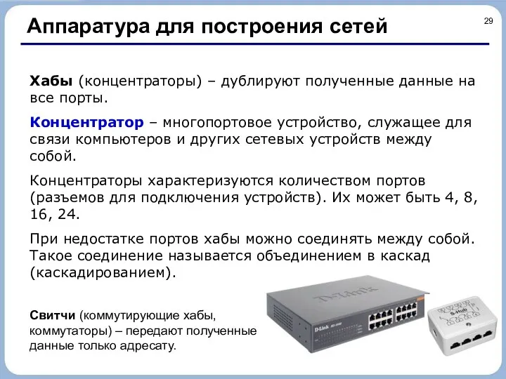 Аппаратура для построения сетей Хабы (концентраторы) – дублируют полученные данные