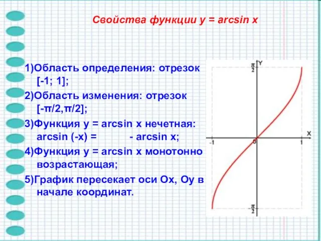 Свойства функции y = arcsin x 1)Область определения: отрезок [-1;