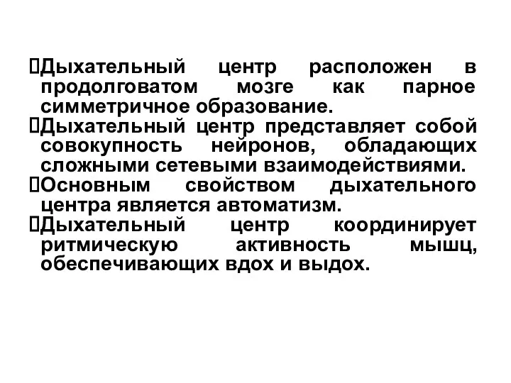 Дыхательный центр расположен в продолговатом мозге как парное симметричное образование.