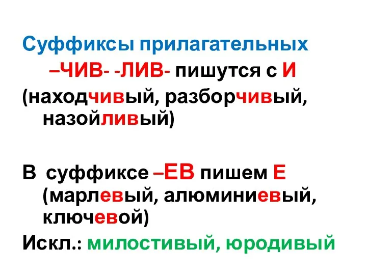 Суффиксы прилагательных –ЧИВ- -ЛИВ- пишутся с И (находчивый, разборчивый, назойливый)