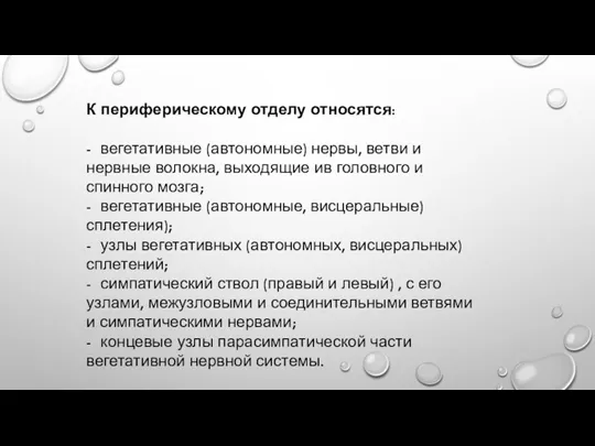 К периферическому отделу относятся: - вегетативные (автономные) нервы, ветви и