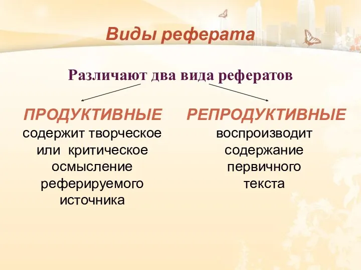 Виды реферата Различают два вида рефератов ПРОДУКТИВНЫЕ содержит творческое или