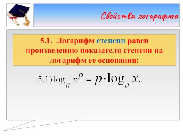 Свойства логарифма 5.1. Логарифм степени равен произведению показателя степени на логарифм ее основания: