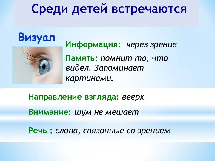 Среди детей встречаются Визуал Информация: через зрение Речь : слова,