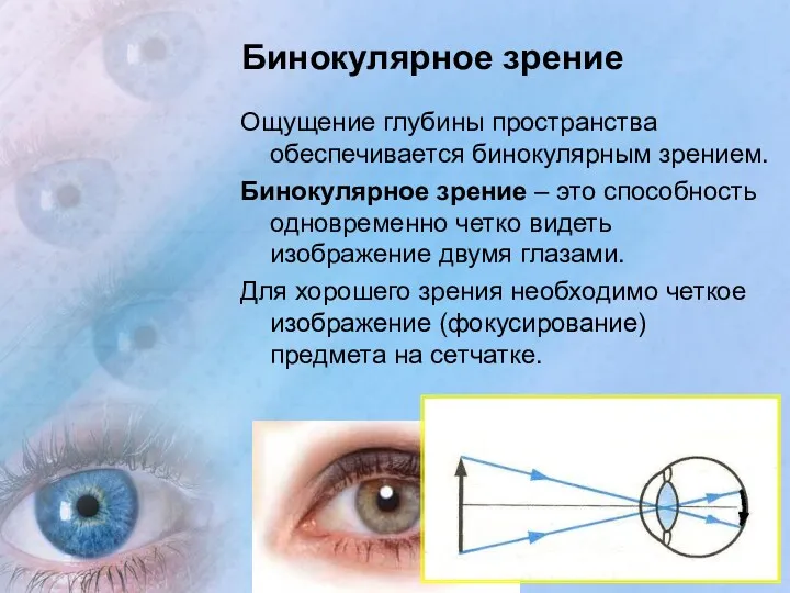 Бинокулярное зрение Ощущение глубины пространства обеспечивается бинокулярным зрением. Бинокулярное зрение