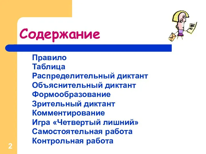 Содержание Правило Таблица Распределительный диктант Объяснительный диктант Формообразование Зрительный диктант Комментирование Игра «Четвертый