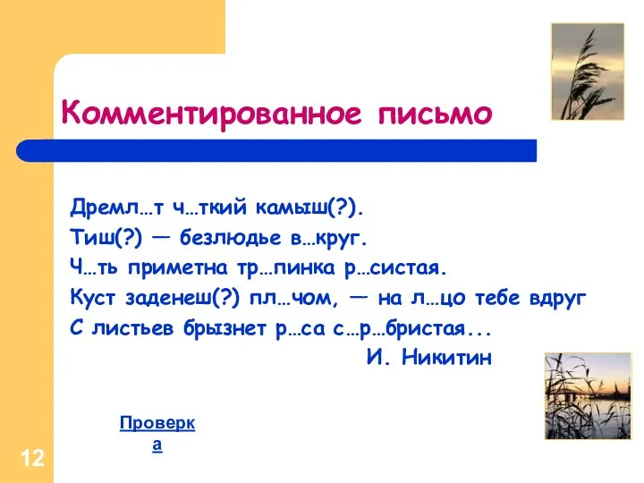 Комментированное письмо Дремл…т ч…ткий камыш(?). Тиш(?) — безлюдье в…круг. Ч…ть приметна тр…пинка р…систая.