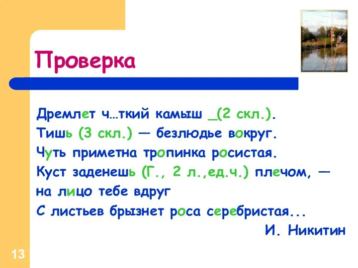 Проверка Дремлет ч…ткий камыш _(2 скл.). Тишь (3 скл.) — безлюдье вокруг. Чуть