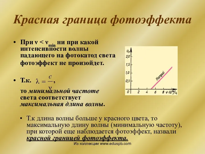 Красная граница фотоэффекта При ν Т.к. , то минимальной частоте