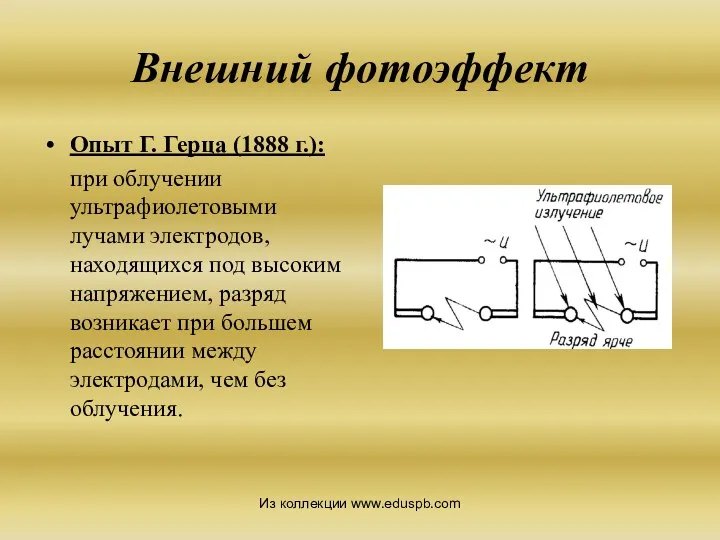 Внешний фотоэффект Опыт Г. Герца (1888 г.): при облучении ультрафиолетовыми