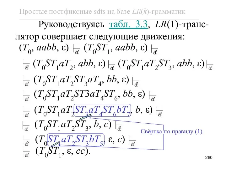 Руководствуясь табл. 3.3, LR(1)-транс-лятор совершает следующие движения: (T0, aabb, ε) (T0ST1, aabb, ε)