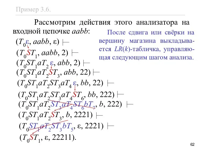 Рассмотрим действия этого анализатора на входной цепочке aabb: (T0ST1aT2 ε,