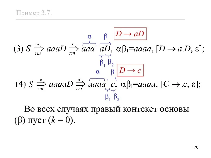 Во всех случаях правый контекст основы (β) пуст (k =