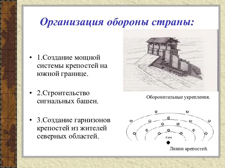 Организация обороны страны: 1.Создание мощной системы крепостей на южной границе.