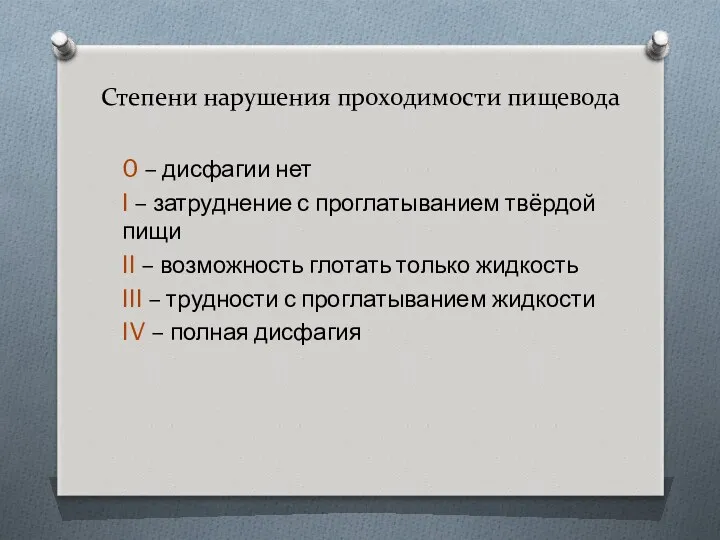 Степени нарушения проходимости пищевода 0 – дисфагии нет I –