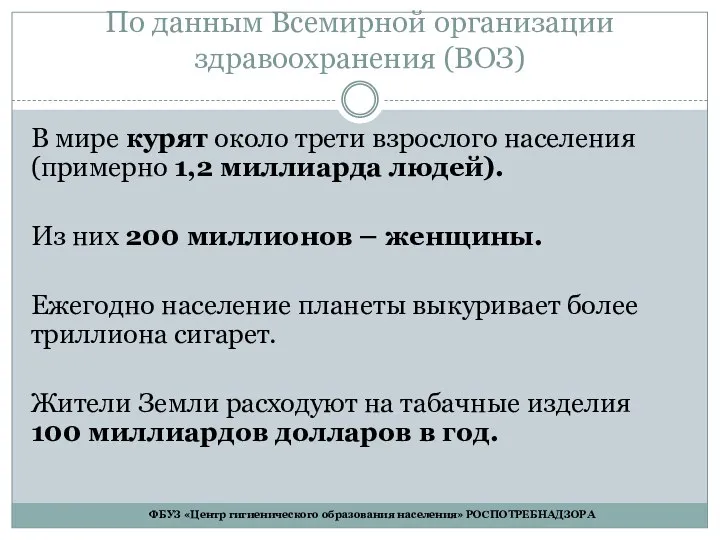 По данным Всемирной организации здравоохранения (ВОЗ) В мире курят около