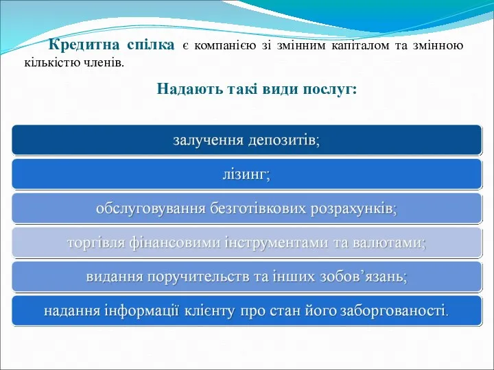 Кредитна спілка є компанією зі змінним капіталом та змінною кількістю членів. Надають такі види послуг: