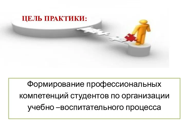 Формирование профессиональных компетенций студентов по организации учебно –воспитательного процесса ЦЕЛЬ ПРАКТИКИ: