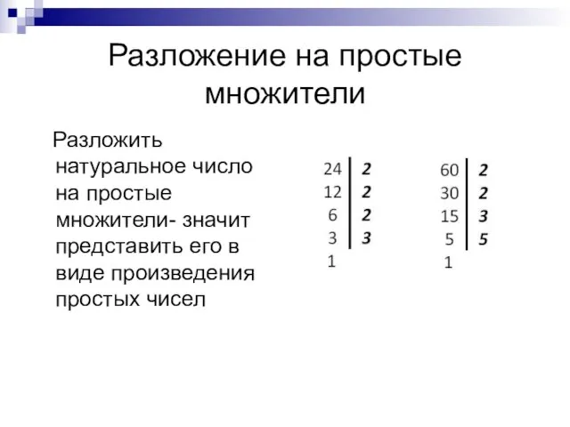 Разложение на простые множители Разложить натуральное число на простые множители-