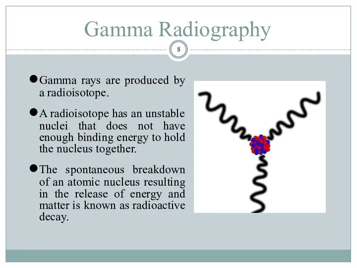 Gamma Radiography Gamma rays are produced by a radioisotope. A