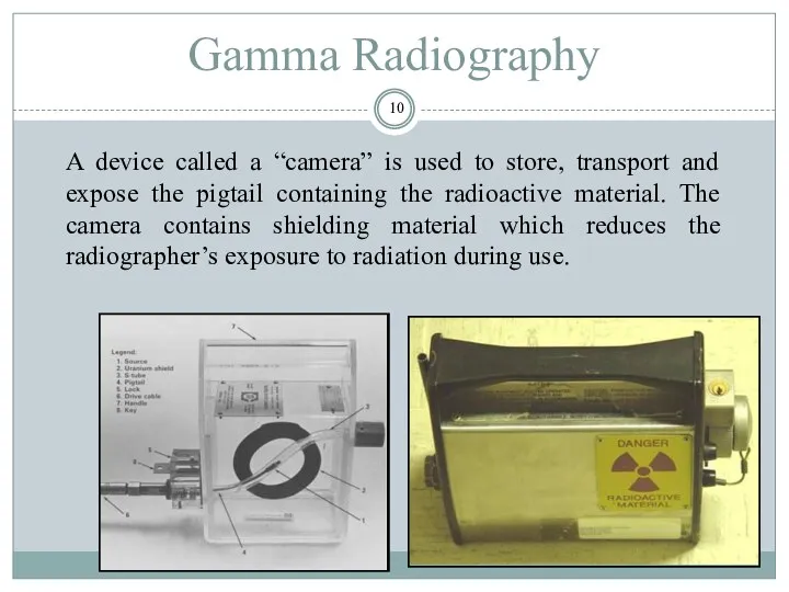 Gamma Radiography A device called a “camera” is used to