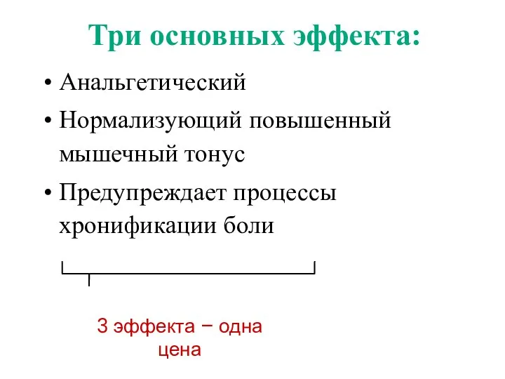 Три основных эффекта: Анальгетический Нормализующий повышенный мышечный тонус Предупреждает процессы