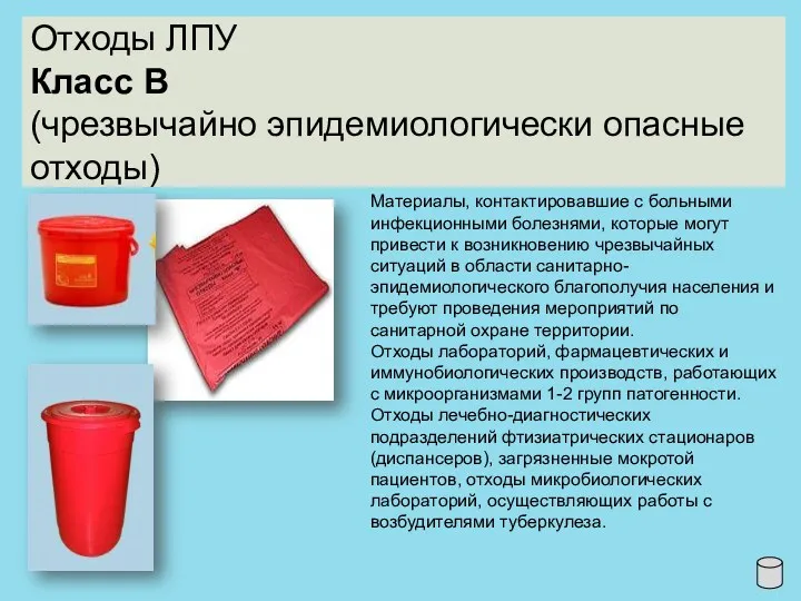 Отходы ЛПУ Класс В (чрезвычайно эпидемиологически опасные отходы) Материалы, контактировавшие