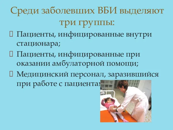 Пациенты, инфицированные внутри стационара; Пациенты, инфицированные при оказании амбулаторной помощи;