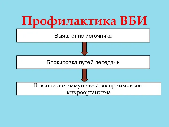 Профилактика ВБИ Выявление источника Блокировка путей передачи Повышение иммунитета восприимчивого макроорганизма