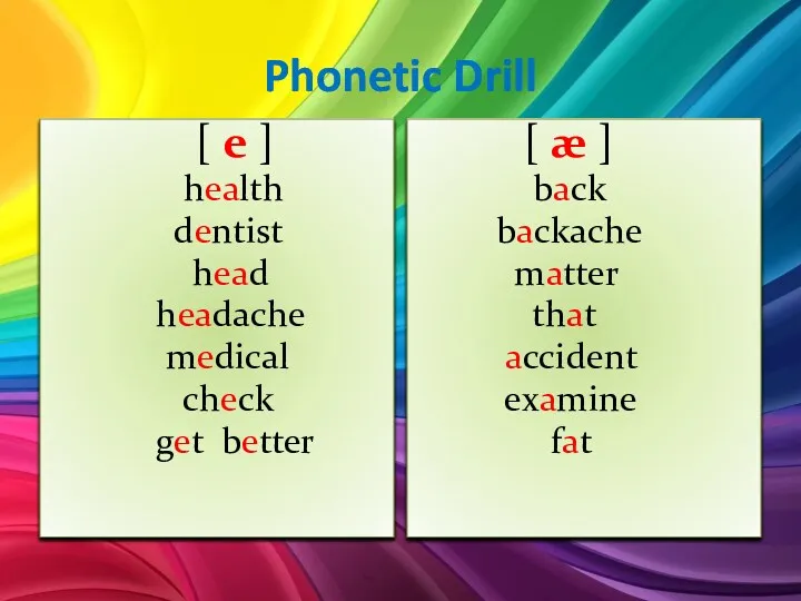 Phonetic Drill [ e ] health dentist head headache medical check get better