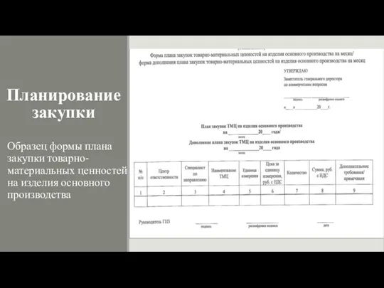 Планирование закупки Образец формы плана закупки товарно-материальных ценностей на изделия основного производства