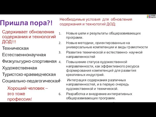 Пришла пора?! Сдерживает обновления содержания и технологий ДОД!!! Техническая Естественнонаучная Физкультурно-спортивная Художественная Туристско-краеведческая